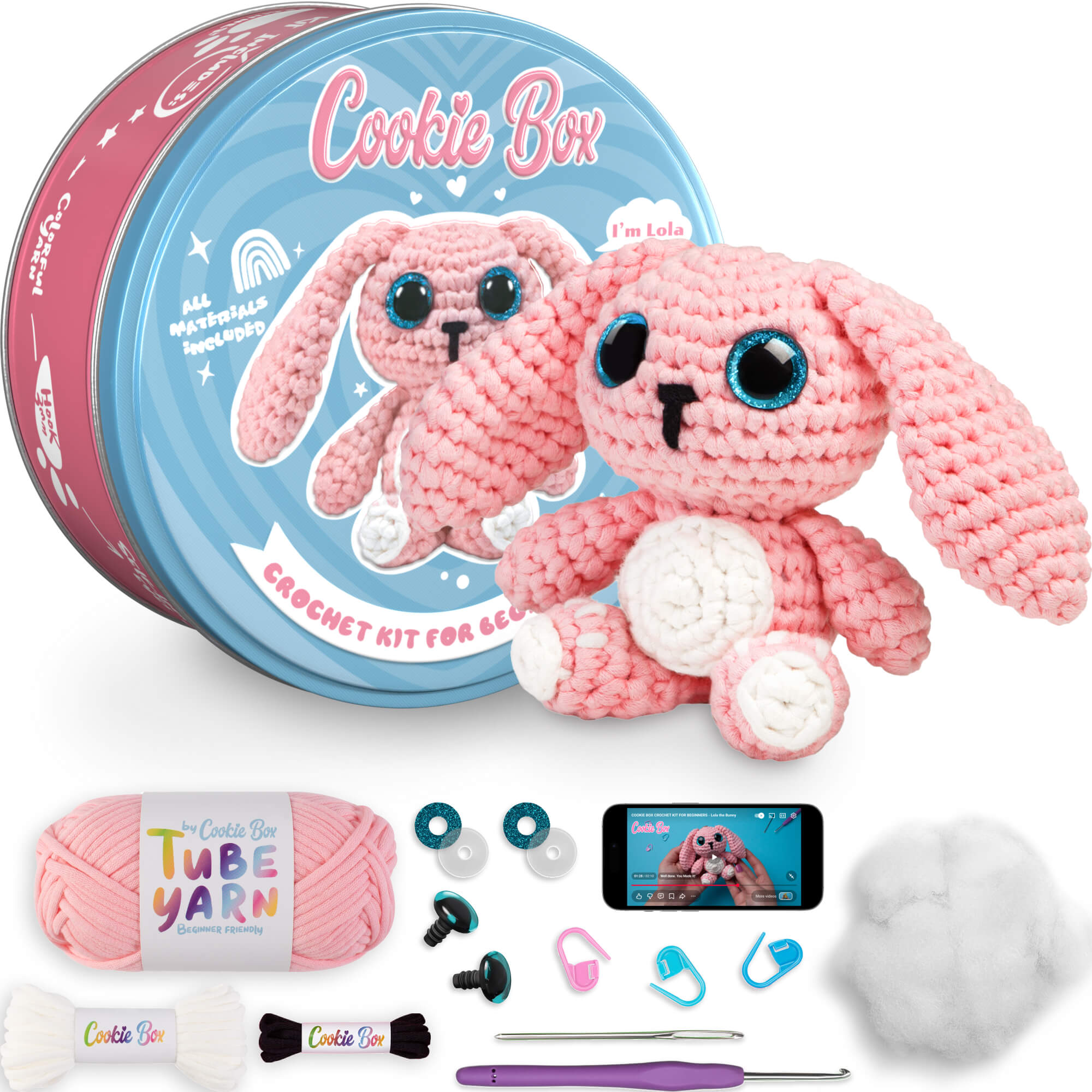 新作 To Meet 800％♡ 水色&ピンクのうさちゃんセット♡トトクンミ Cookie Box Crochet Kit for Beginners – Bunny Lola